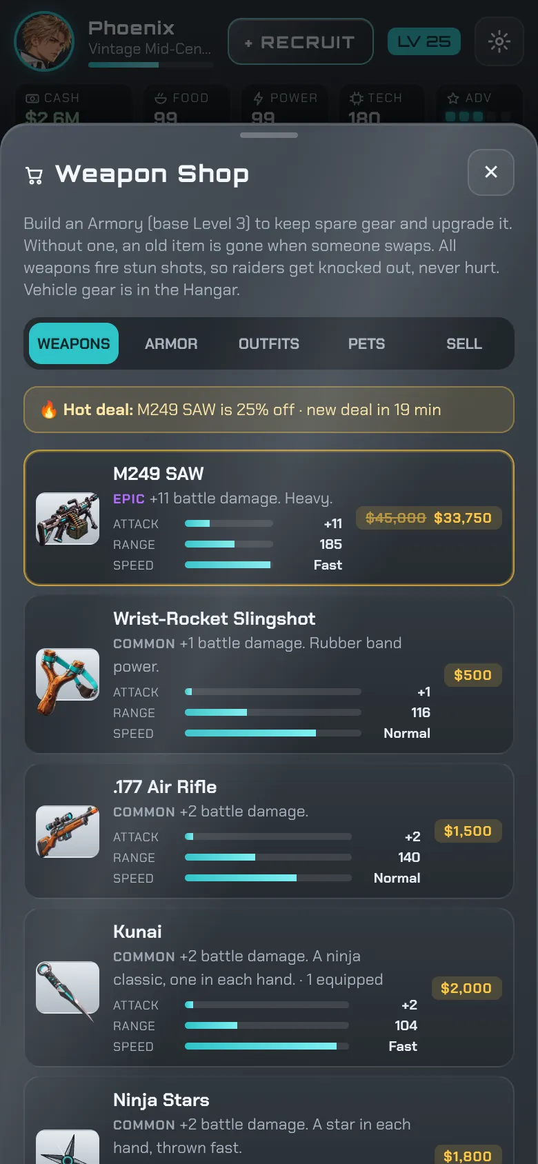 The Weapon Shop with weapons, prices and stat bars